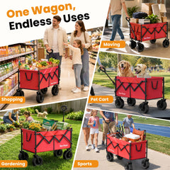 Terrfour 560LBS Collapsible Folding Wagon, Heavy Duty Utility Cart for Grocery, Shopping, Garden, Sports, Camping, Red